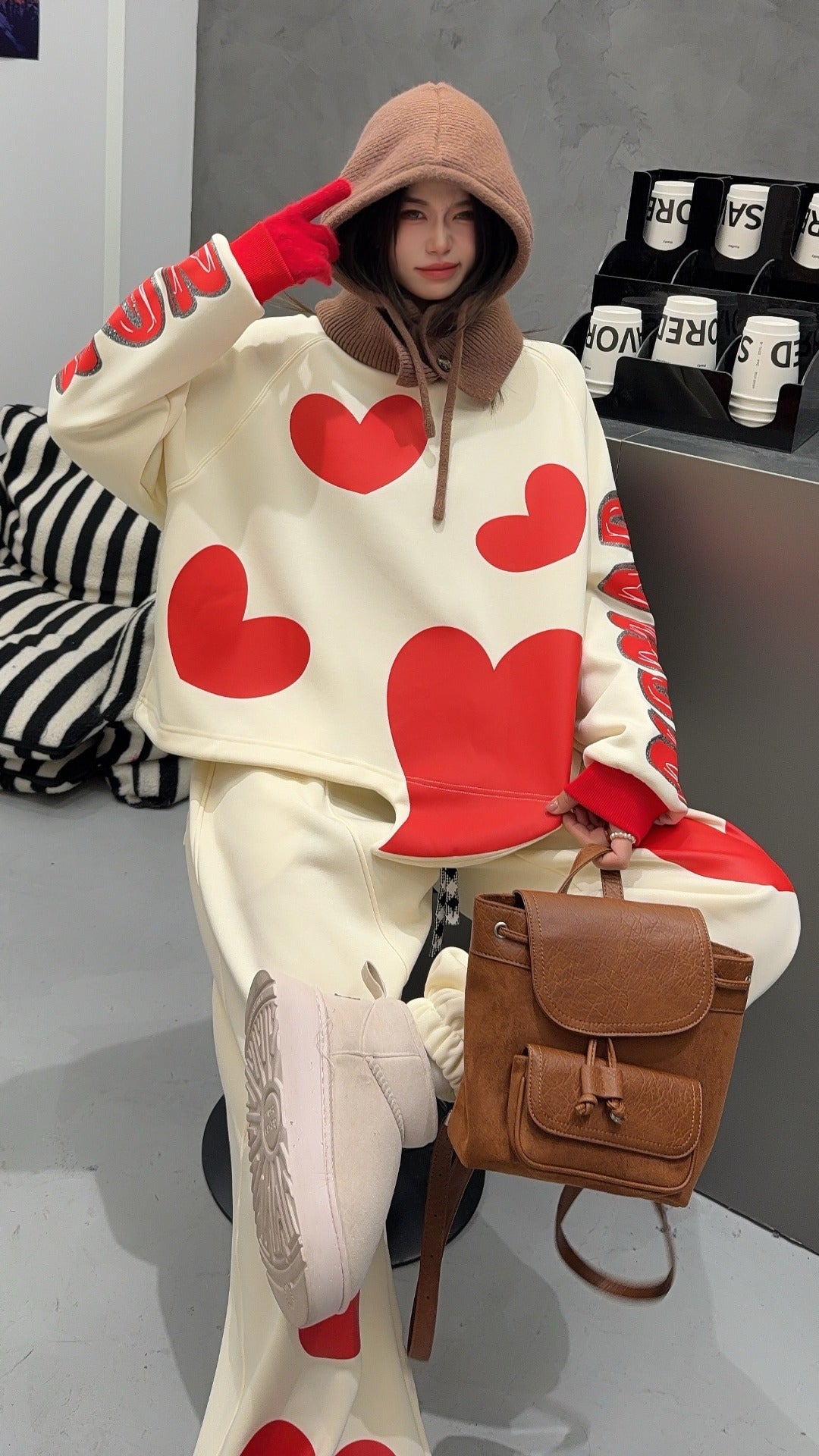 🄶🅁🄾🅄🄽🄳♾🅉🄴🅁🄾25-26SS♾無性別穿搭OverSize美式新款滿版油漆心心圓領長袖運動4色套裝(加厚加絨)🔥