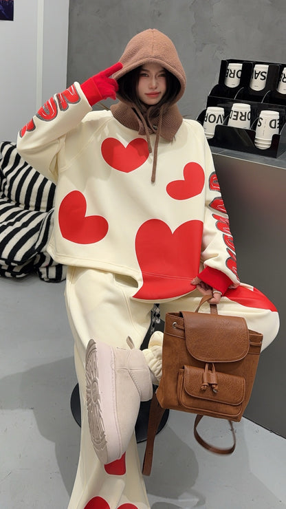 🄶🅁🄾🅄🄽🄳♾🅉🄴🅁🄾25-26SS♾無性別穿搭OverSize美式新款滿版油漆心心圓領長袖運動4色套裝(加厚加絨)🔥