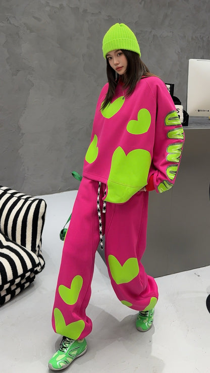 🄶🅁🄾🅄🄽🄳♾🅉🄴🅁🄾25-26SS♾無性別穿搭OverSize美式新款滿版油漆心心圓領長袖運動4色套裝(加厚加絨)🔥