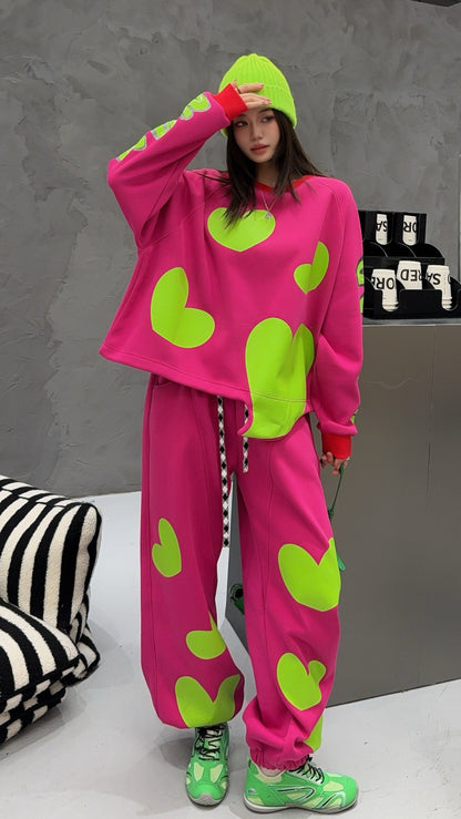 🄶🅁🄾🅄🄽🄳♾🅉🄴🅁🄾25-26SS♾無性別穿搭OverSize美式新款滿版油漆心心圓領長袖運動4色套裝(加厚加絨)🔥