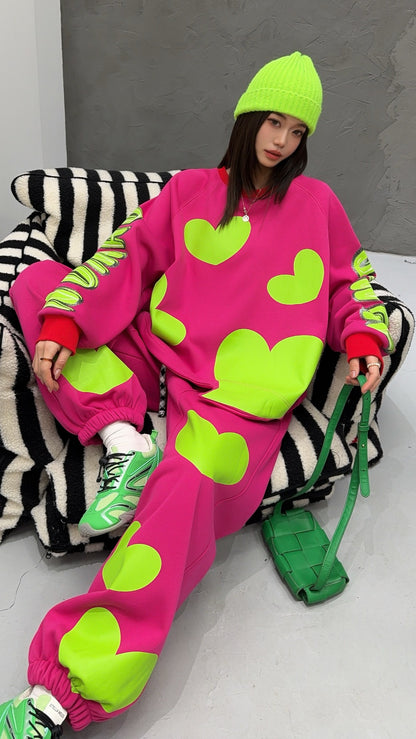 🄶🅁🄾🅄🄽🄳♾🅉🄴🅁🄾25-26SS♾無性別穿搭OverSize美式新款滿版油漆心心圓領長袖運動4色套裝(加厚加絨)🔥