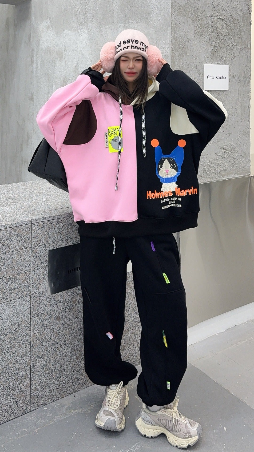 🄶🅁🄾🅄🄽🄳♾🅉🄴🅁🄾25-26SS♾無性別穿搭OverSize美式新款拚色貓貓長袖連帽運動套裝(加厚加絨)🔥