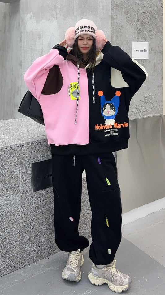 🄶🅁🄾🅄🄽🄳♾🅉🄴🅁🄾25-26SS♾無性別穿搭OverSize美式新款拚色貓貓長袖連帽運動套裝(加厚加絨)🔥