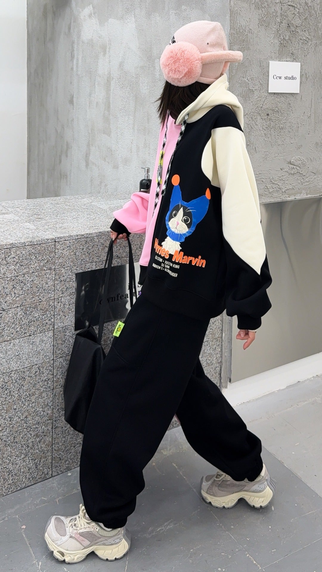🄶🅁🄾🅄🄽🄳♾🅉🄴🅁🄾25-26SS♾無性別穿搭OverSize美式新款拚色貓貓長袖連帽運動套裝(加厚加絨)🔥