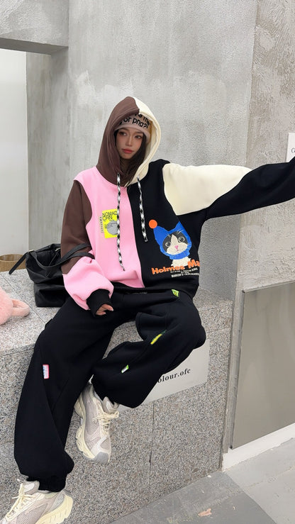 🄶🅁🄾🅄🄽🄳♾🅉🄴🅁🄾25-26SS♾無性別穿搭OverSize美式新款拚色貓貓長袖連帽運動套裝(加厚加絨)🔥