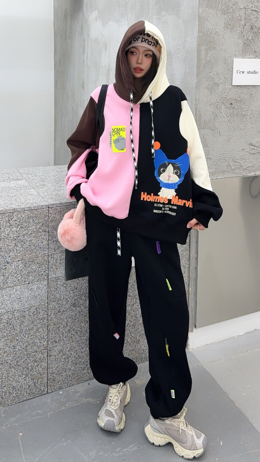 🄶🅁🄾🅄🄽🄳♾🅉🄴🅁🄾25-26SS♾無性別穿搭OverSize美式新款拚色貓貓長袖連帽運動套裝(加厚加絨)🔥