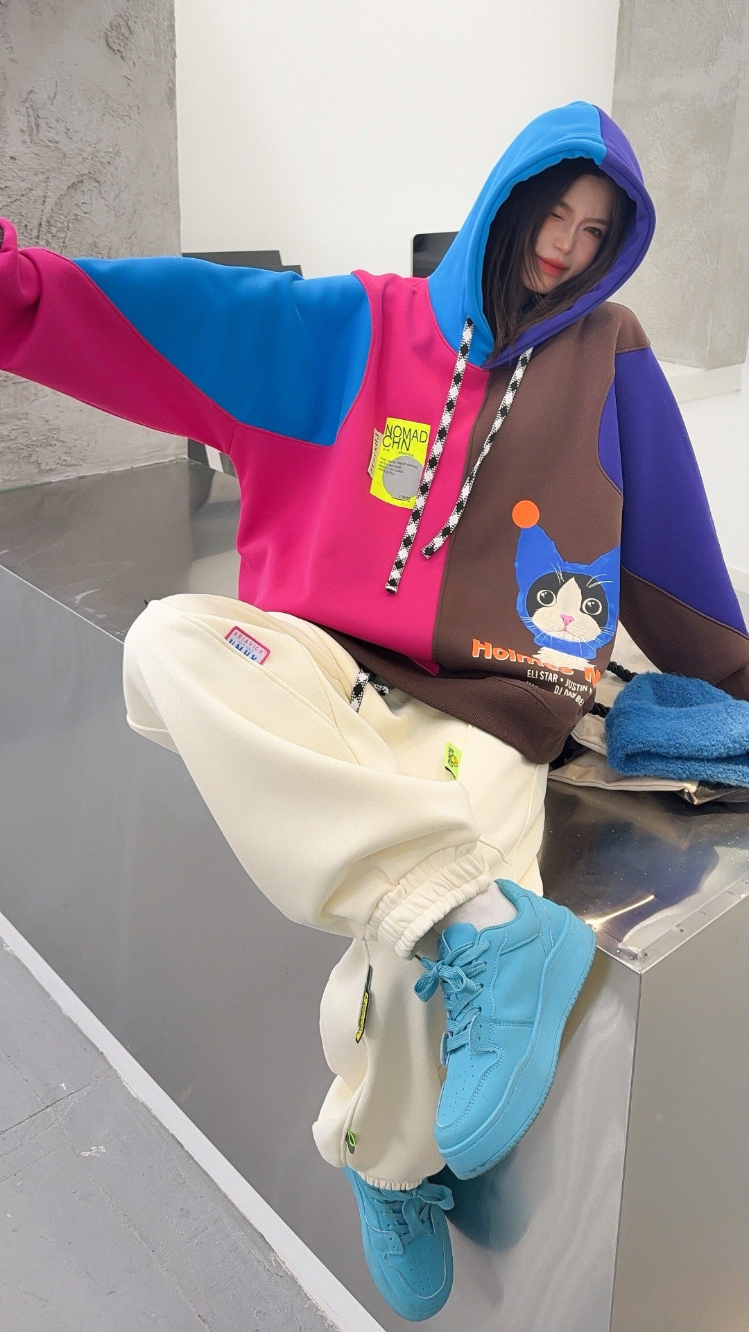 🄶🅁🄾🅄🄽🄳♾🅉🄴🅁🄾25-26SS♾無性別穿搭OverSize美式新款拚色貓貓長袖連帽運動套裝(加厚加絨)🔥