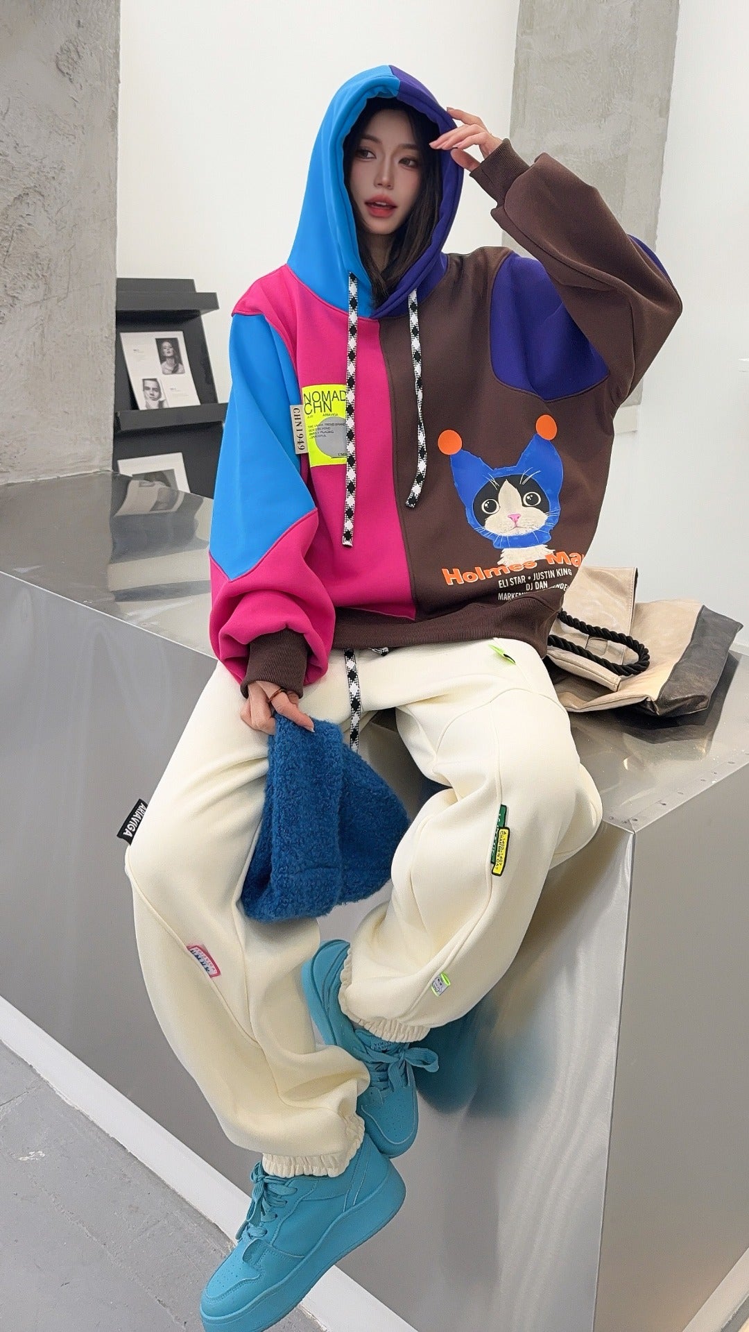 🄶🅁🄾🅄🄽🄳♾🅉🄴🅁🄾25-26SS♾無性別穿搭OverSize美式新款拚色貓貓長袖連帽運動套裝(加厚加絨)🔥