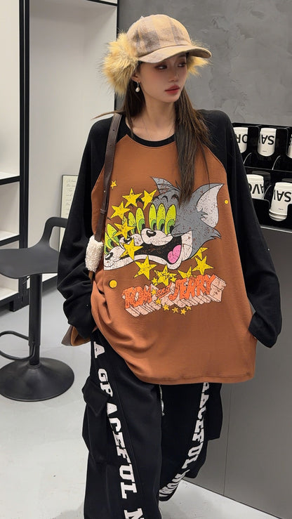 🄶🅁🄾🅄🄽🄳♾🅉🄴🅁🄾25-26SS♾無性別穿搭OverSize美式新款雙色貓貓鼠鼠長袖上衣T-SHIRT