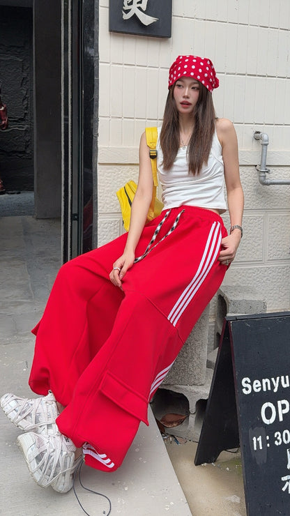 🄶🅁🄾🅄🄽🄳♾🅉🄴🅁🄾25-26SS♾無性別穿搭OverSize美式新款條紋多口袋寬口長褲(現貨優惠)