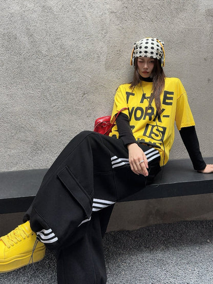 🄶🅁🄾🅄🄽🄳♾🅉🄴🅁🄾25-26SS♾無性別穿搭OverSize美式新款條紋多口袋寬口長褲(現貨優惠)