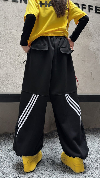 🄶🅁🄾🅄🄽🄳♾🅉🄴🅁🄾25-26SS♾無性別穿搭OverSize美式新款條紋多口袋寬口長褲(現貨優惠)