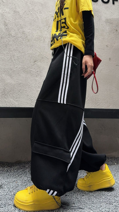 🄶🅁🄾🅄🄽🄳♾🅉🄴🅁🄾25-26SS♾無性別穿搭OverSize美式新款條紋多口袋寬口長褲(現貨優惠)