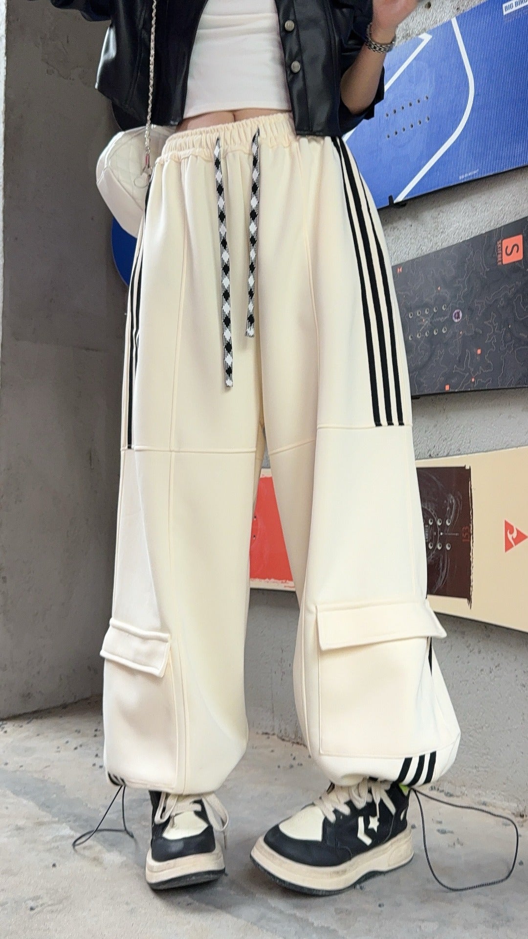 🄶🅁🄾🅄🄽🄳♾🅉🄴🅁🄾25-26SS♾無性別穿搭OverSize美式新款條紋多口袋寬口長褲(現貨優惠)