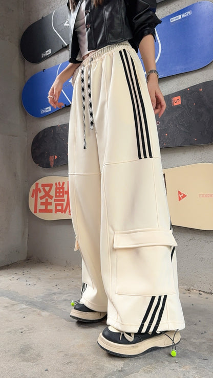 🄶🅁🄾🅄🄽🄳♾🅉🄴🅁🄾25-26SS♾無性別穿搭OverSize美式新款條紋多口袋寬口長褲(現貨優惠)