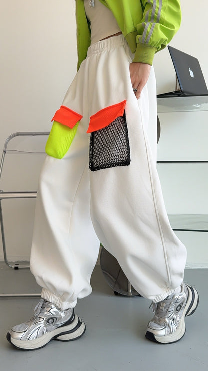 🄶🅁🄾🅄🄽🄳♾🅉🄴🅁🄾25-26SS♾無性別穿搭OverSize美式新款簡約拚色漁網口袋束口長褲(現貨優惠)