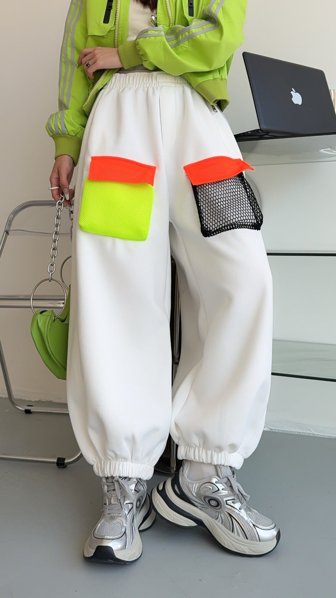 🄶🅁🄾🅄🄽🄳♾🅉🄴🅁🄾25-26SS♾無性別穿搭OverSize美式新款簡約拚色漁網口袋束口長褲(現貨優惠)
