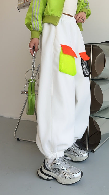🄶🅁🄾🅄🄽🄳♾🅉🄴🅁🄾25-26SS♾無性別穿搭OverSize美式新款簡約拚色漁網口袋束口長褲(現貨優惠)
