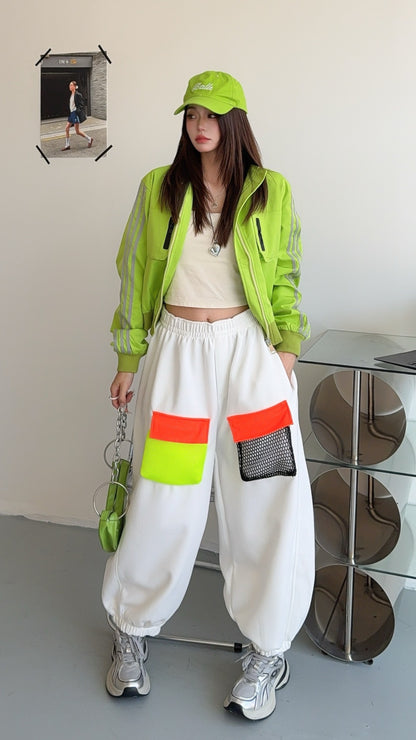 🄶🅁🄾🅄🄽🄳♾🅉🄴🅁🄾25-26SS♾無性別穿搭OverSize美式新款簡約拚色漁網口袋束口長褲(現貨優惠)