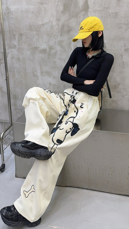 🄶🅁🄾🅄🄽🄳♾🅉🄴🅁🄾25-26SS♾無性別穿搭OverSize美式新款塗鴉狗狗寬口長褲(現貨優惠)
