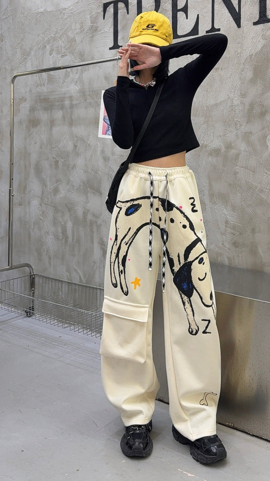 🄶🅁🄾🅄🄽🄳♾🅉🄴🅁🄾25-26SS♾無性別穿搭OverSize美式新款塗鴉狗狗寬口長褲(現貨優惠)