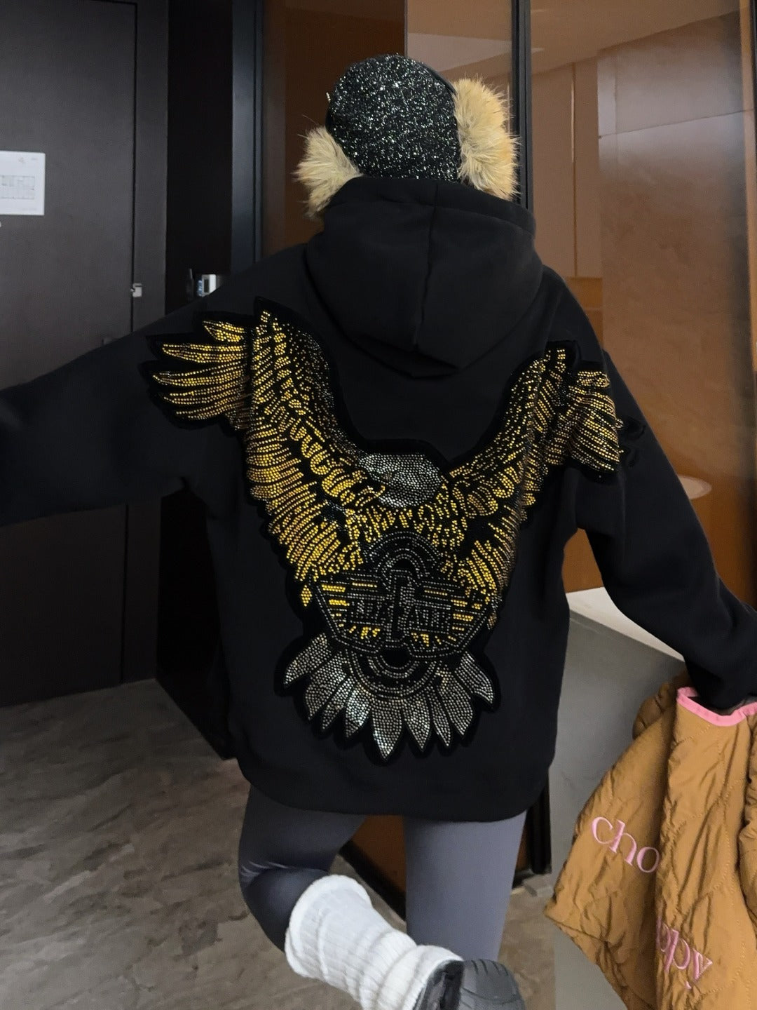 🄶🅁🄾🅄🄽🄳♾🅉🄴🅁🄾25-26SS♾無性別穿搭OverSize美式新款亮片老鷹連帽長袖上衣T-SHIRT(現貨優惠)