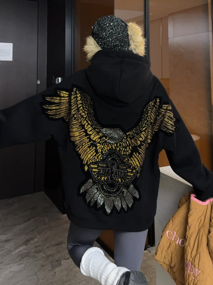 🄶🅁🄾🅄🄽🄳♾🅉🄴🅁🄾25-26SS♾無性別穿搭OverSize美式新款亮片老鷹連帽長袖上衣T-SHIRT(現貨優惠)