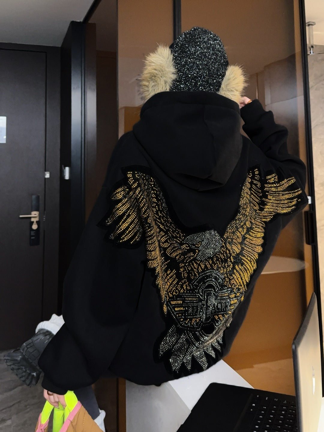 🄶🅁🄾🅄🄽🄳♾🅉🄴🅁🄾25-26SS♾無性別穿搭OverSize美式新款亮片老鷹連帽長袖上衣T-SHIRT(現貨優惠)