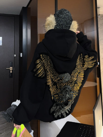 🄶🅁🄾🅄🄽🄳♾🅉🄴🅁🄾25-26SS♾無性別穿搭OverSize美式新款亮片老鷹連帽長袖上衣T-SHIRT(現貨優惠)