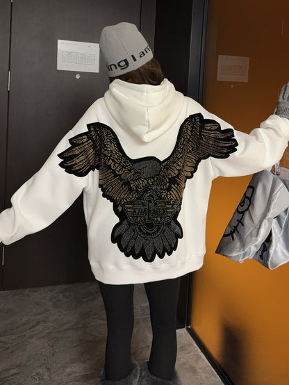 🄶🅁🄾🅄🄽🄳♾🅉🄴🅁🄾25-26SS♾無性別穿搭OverSize美式新款亮片老鷹連帽長袖上衣T-SHIRT(現貨優惠)