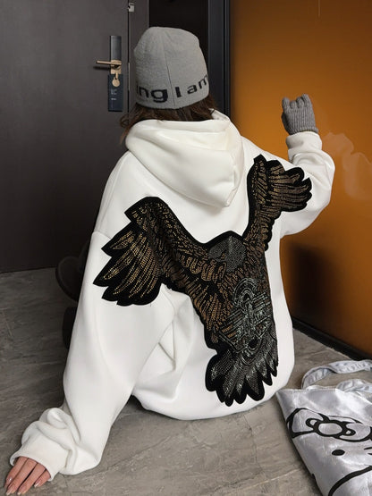 🄶🅁🄾🅄🄽🄳♾🅉🄴🅁🄾25-26SS♾無性別穿搭OverSize美式新款亮片老鷹連帽長袖上衣T-SHIRT(現貨優惠)