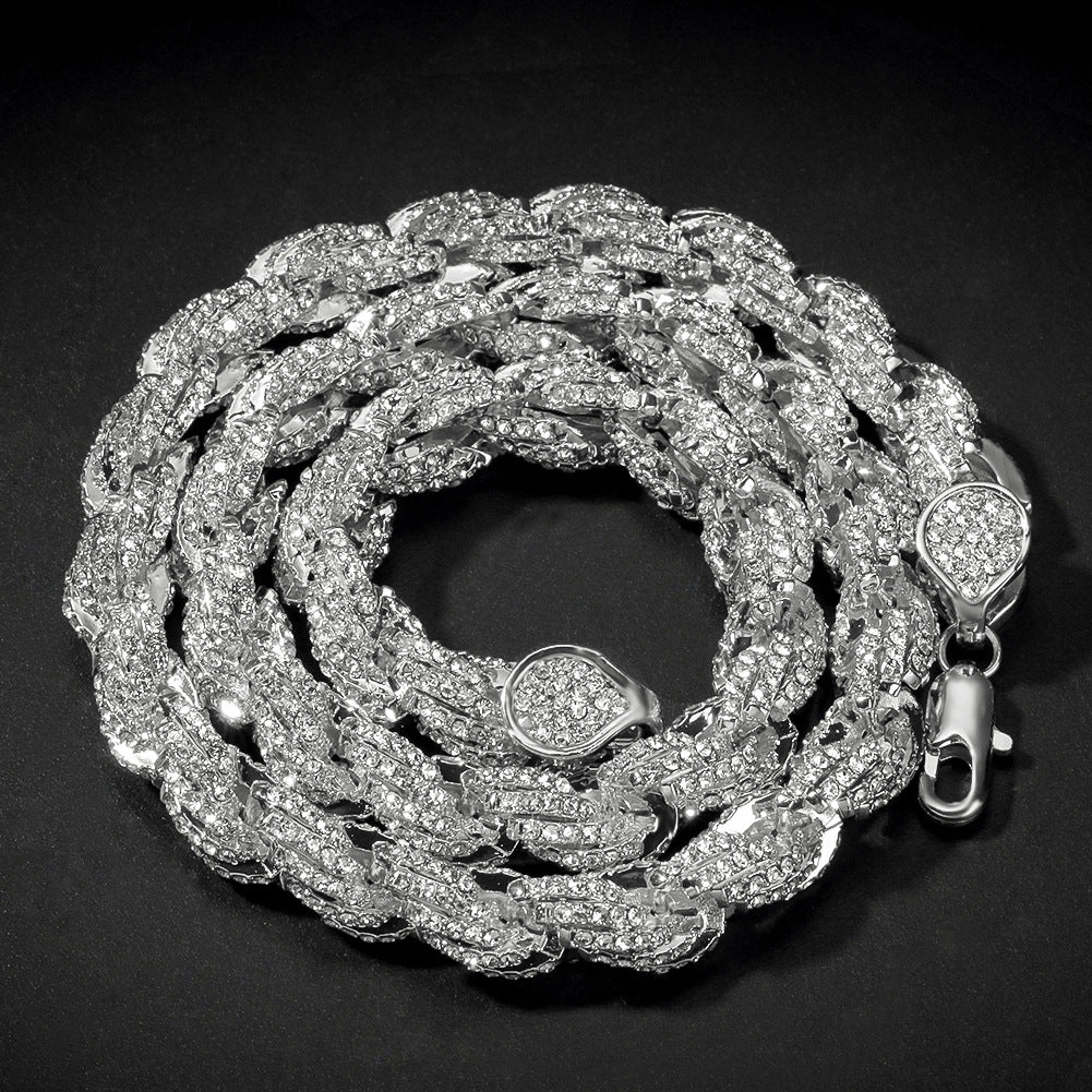 Flexing精品✥𝔾𝕣𝕠𝕦𝕟𝕕ℤ𝕖𝕣𝕠®✥歐美嘻哈9mm合金麻花滿鑽項鍊不鏽鋼中性男女街頭項鍊