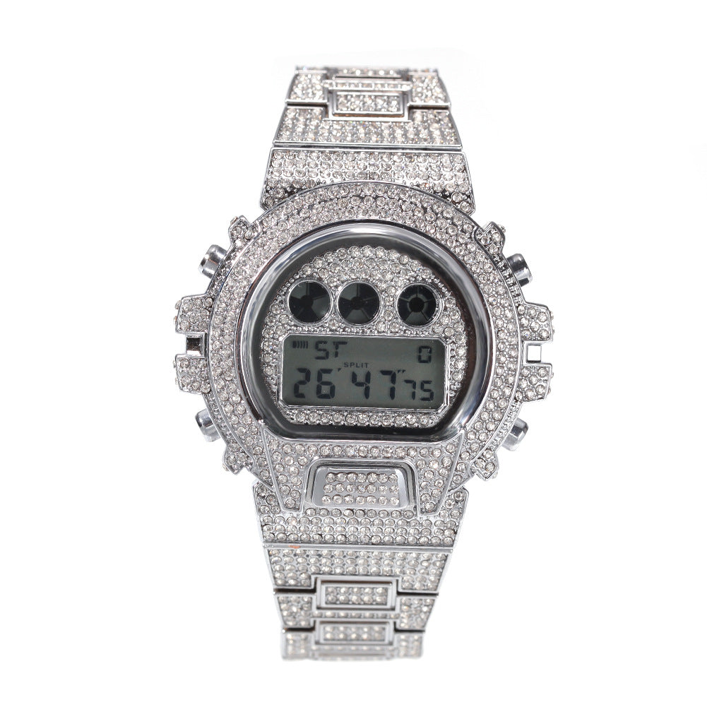 Flexing精品2023✥𝔾𝕣𝕠𝕦𝕟𝕕ℤ𝕖𝕣𝕠®✥歐美嘻哈全滿鑽電子時鐘顯示中性腕錶手錶運動錶