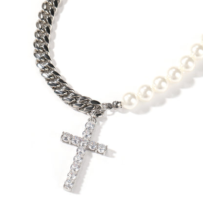Flexing Boutique 2023✥𝔾𝕣𝕠𝕦𝕟𝕕ℤ𝕖𝕣𝕠®✥European and American Hip Hop 8mm Pearl Cuban Cross Stainless Steel Pendant Necklace Unisex Men and Women Street 
