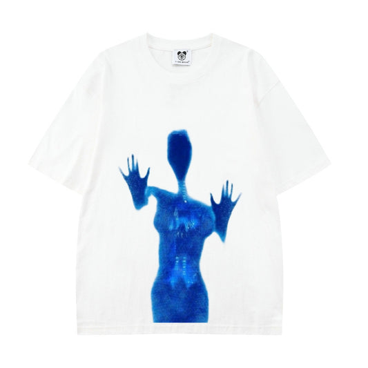G.Z LA西岸 2024 春夏新款【✟純愛西岸✟】歐美藍黑暗影子印花寬鬆全棉洗水T-Shirt