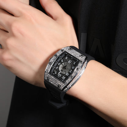 Flexing精品2023✥𝔾𝕣𝕠𝕦𝕟𝕕ℤ𝕖𝕣𝕠®✥歐美嘻哈全滿鑽石英式運動型硅膠錶帶中性腕錶手錶