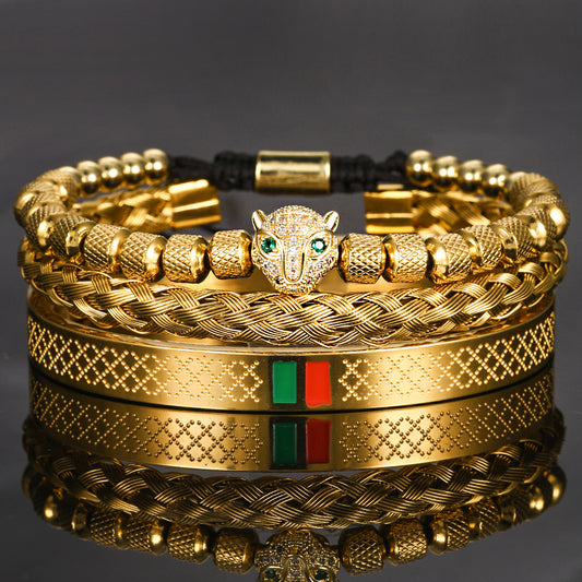 Flexing精品2023✥𝔾𝕣𝕠𝕦𝕟𝕕ℤ𝕖𝕣𝕠®✥歐美嘻哈時尚百搭鑲鑽豹頭編織方塊手環三件組中性手環飾品