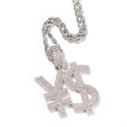 Flexing boutique 2023✥𝔾𝕣𝕠𝕦𝕟𝕕ℤ𝕖𝕣𝕠®✥European and American hip-hop full diamond money symbol ¥$ stainless steel pendant pendant necklace neutral men and women street 