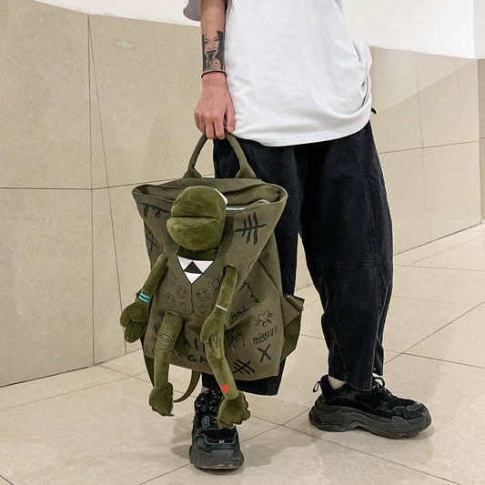 ✥𝔾𝕣𝕠𝕦𝕟𝕕ℤ𝕖𝕣𝕠®✥Deluxe２０２4年/精選包包系列-美式休閒青蛙玩偶帆布手提後背包學生包