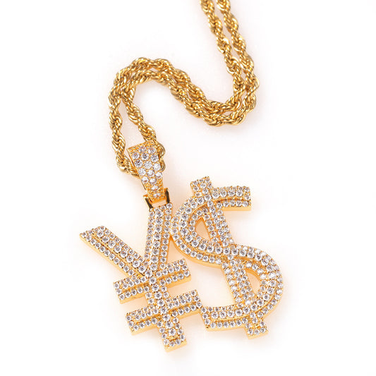 Flexing boutique 2023✥𝔾𝕣𝕠𝕦𝕟𝕕ℤ𝕖𝕣𝕠®✥European and American hip-hop full diamond money symbol ¥$ stainless steel pendant pendant necklace neutral men and women street 
