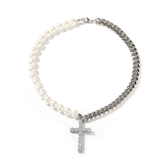 Flexing Boutique 2023✥𝔾𝕣𝕠𝕦𝕟𝕕ℤ𝕖𝕣𝕠®✥European and American Hip Hop 8mm Pearl Cuban Cross Stainless Steel Pendant Necklace Unisex Men and Women Street 