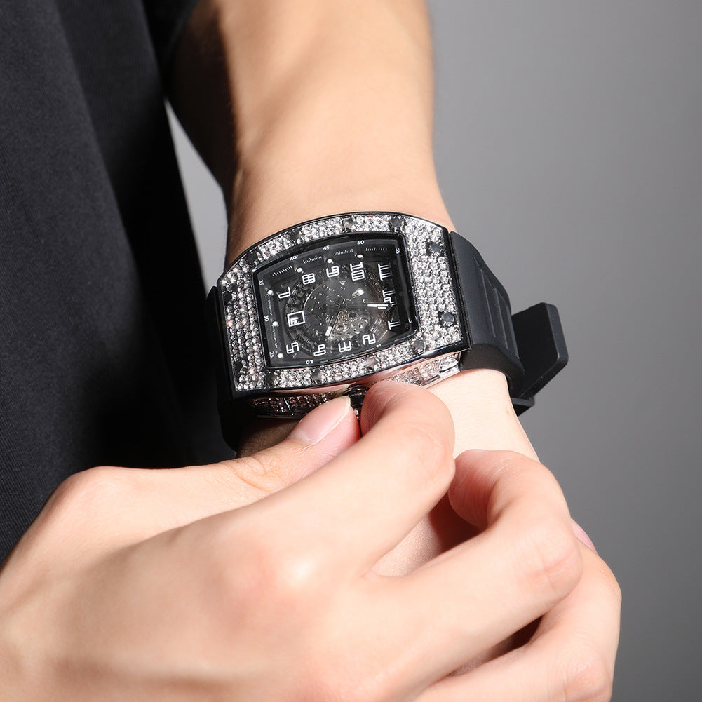 Flexing精品2023✥𝔾𝕣𝕠𝕦𝕟𝕕ℤ𝕖𝕣𝕠®✥歐美嘻哈全滿鑽石英式運動型硅膠錶帶中性腕錶手錶
