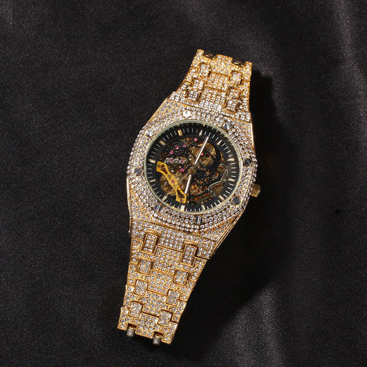 Flexing精品2023✥𝔾𝕣𝕠𝕦𝕟𝕕ℤ𝕖𝕣𝕠®✥歐美嘻哈全滿鑽鏤空透底機械式中性腕錶手錶機械錶