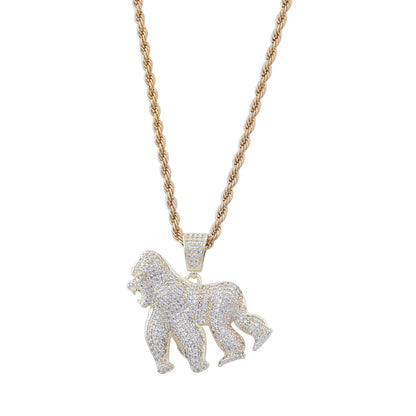Flexing Boutique 2023✥𝔾𝕣𝕠𝕦𝕟𝕕ℤ𝕖𝕣𝕠®✥ European and American Hip Hop Full Diamond Roaring King Kong Stainless Steel Pendant Necklace Neutral Men and Women Street 