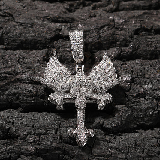 Flexing精品✥𝔾𝕣𝕠𝕦𝕟𝕕ℤ𝕖𝕣𝕠®✥歐美嘻哈聖十字架天使之翼滿鑽不鏽鋼吊飾中性男女街頭項鍊
