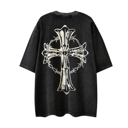 G.Z LA西岸 2024 春夏新款【✟純愛西岸✟】歐美聖母十字架印花寬鬆全棉洗水T-Shirt