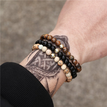 Flexing boutique 2023✥𝔾𝕣𝕠𝕦𝕟𝕕ℤ𝕖𝕣𝕠®✥European and American hip-hop fashion all-match black matte tiger eye stone beaded bracelet three-piece neutral bracelet accessories 