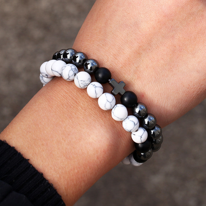 Flexing boutique 2023✥𝔾𝕣𝕠𝕦𝕟𝕕ℤ𝕖𝕣𝕠®✥European and American hip-hop fashion all-match white pine frosted cross beaded bracelet two-piece neutral bracelet jewelry 