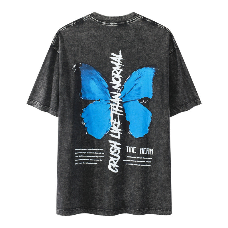 G.Z LA西岸 2024 春夏新款【✟純愛西岸✟】歐美蝴蝶字母印花寬鬆全棉洗水T-Shirt