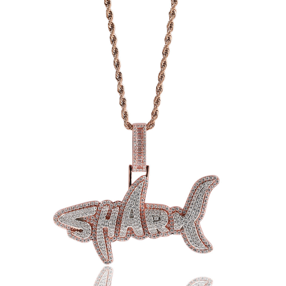 Flexing精品✥𝔾𝕣𝕠𝕦𝕟𝕕ℤ𝕖𝕣𝕠®✥歐美嘻哈雙色鯊魚字母滿鑽不鏽鋼吊飾中性男女街頭項鍊